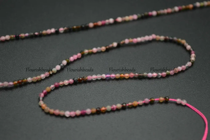 Wholesale 2mm Natural Multi color Tourmaline Faceted Diamond Cutting Stone Round Loose Beads