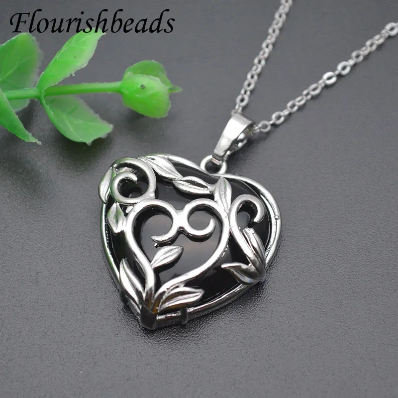 10pcs/lot Natural Tiger Eye Rose Quartz Opal Heart Shape  Pendant Necklace for Jewelry Power Gift 28*28mm