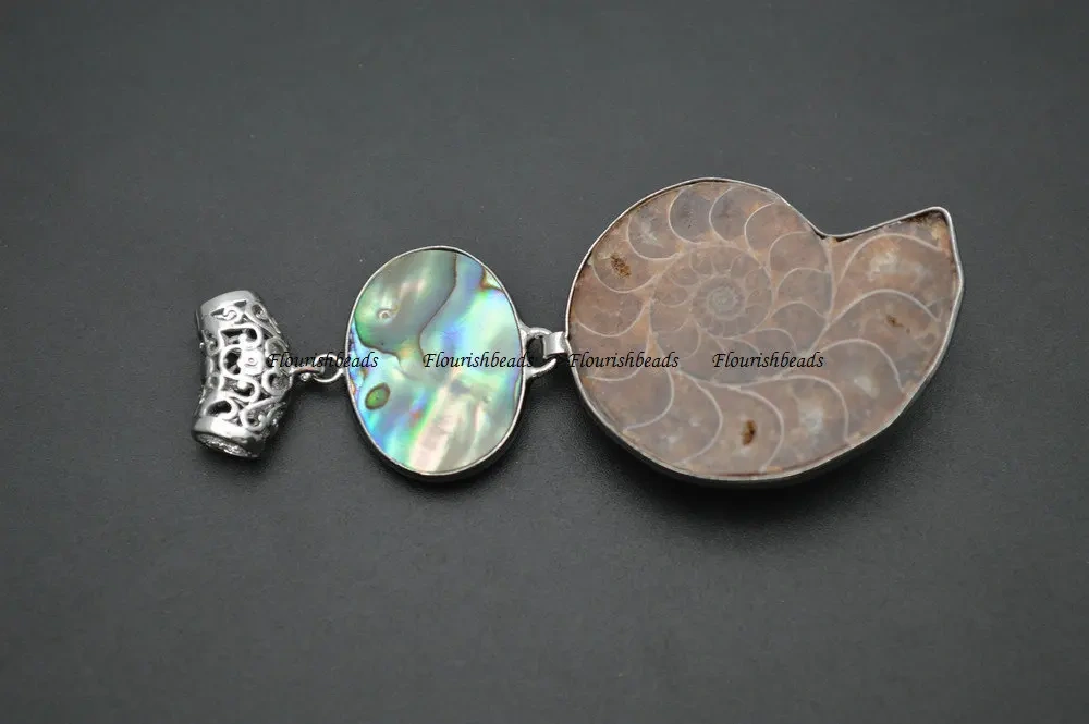 Natuarl Brown Ammonite Abalone Shell Double Layer Stone Necklace Pendant Big Size Jewelry Supplies
