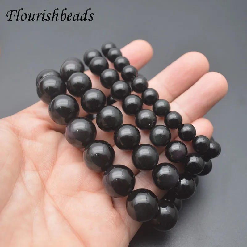 8/10/12/14mm Natural Round Beads Rainbow Black Obsidian Bracelet for Men Women Prayer Healing Jewelry