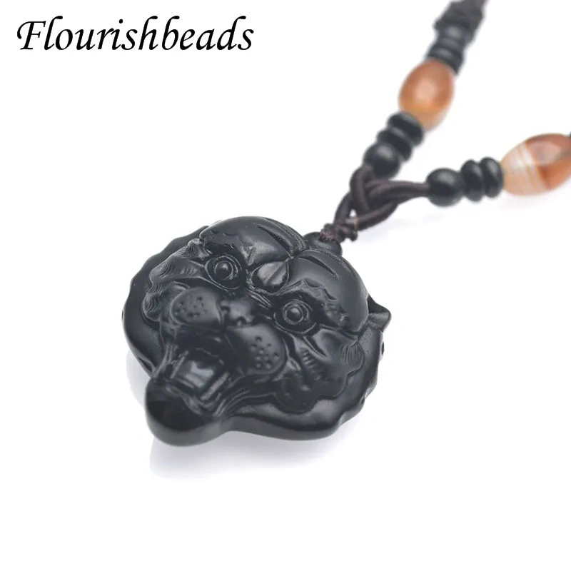 Natural Black Obsidian Stone Pendant Necklace Carved Wild Tiger Head Shape for Men Power Gemstone Gift