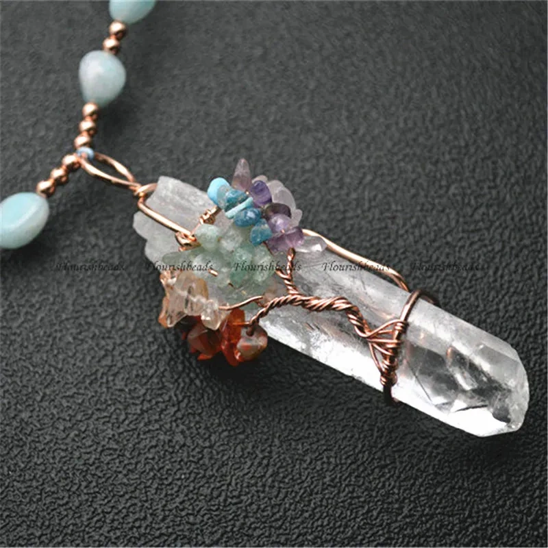 Handmade Crystal Healing Pendant Wire Wrapped Multi Stone Chips Chakra Life Tree Stone Mix Gemstone Chain Point Energy Jewelry