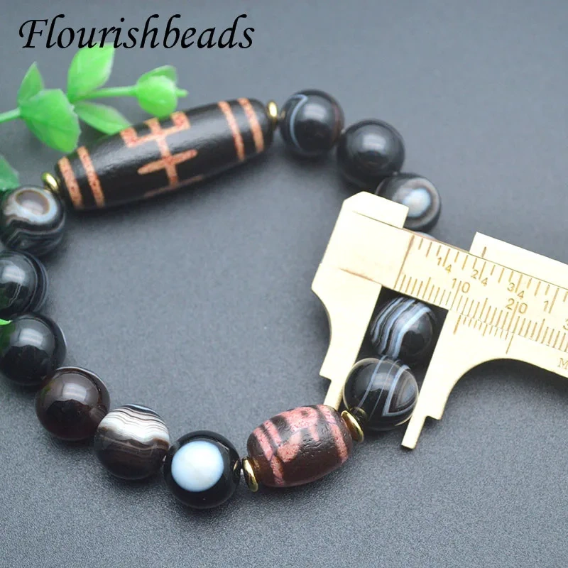 Natural Tibetan Dzi Beads 12mm Black Agate Beads Stretch Bracelets Men&women Fine Jewelry