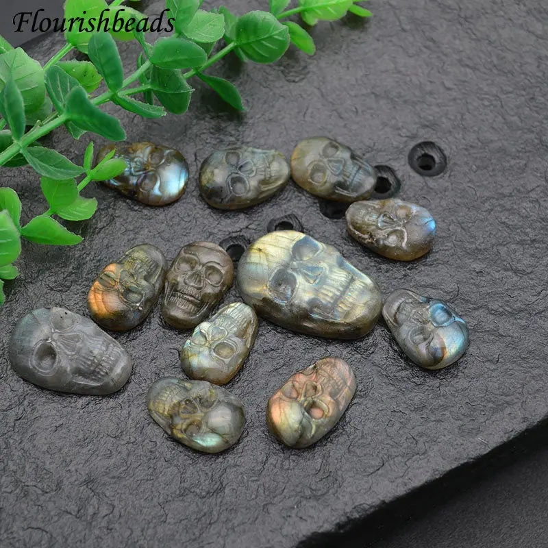 Natural Labradorite Stone Carved Skull Necklace Pendant Cabochon Jewelry DIY Makings Cool Birthday Gift 5pcs