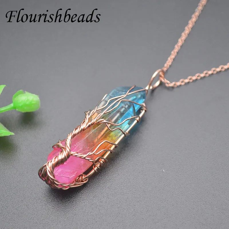 Electroplating Natural Stone Crystal Tree Life Pendant Hand Winding Yoga Meditation Stone Pendant Necklace for Women 2pcs/lot