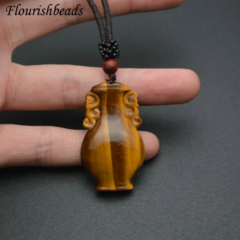 Unique Design Natural Tiger Eye Gemstone Vase Shape Pendants Necklace Adjustable Cord Jewelry Party Gift