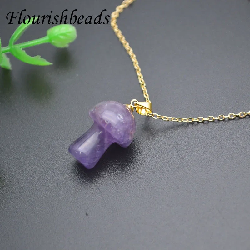 Low MOQ  Natural Gemstone Turquoise Quartz Crystal Amethyst Hand Carved Mushroom Pendant Link Necklace Yoga Amulet for Women Men