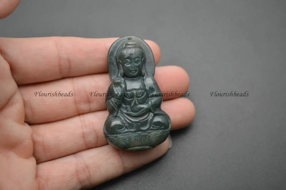 Natural Green India Agate Carved Guanyin Buddha Stone Pendant fit Buddhist Jewelry making
