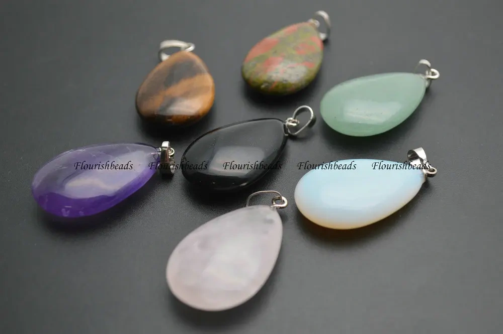 Natural Stone Flat Drop Pear Shape Pendants  ( Amethyst / Tiger Eye / Rose Quartz / Aventurine / Opal / Unakite / Black Agate)