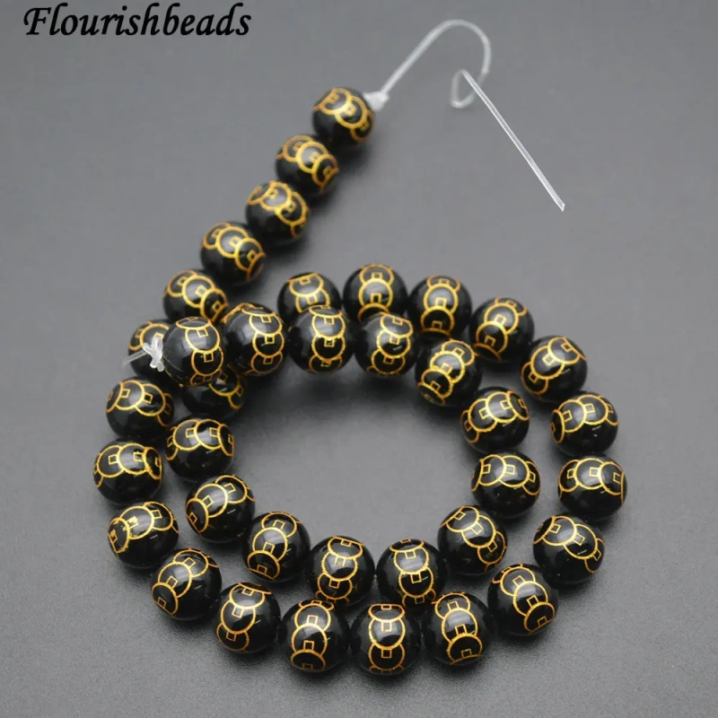 Gold Color Money Coin Veins Natural Black Agate Stone Round Loose Beads 8mm 10mm 12mm 14mm 5 strands per lot