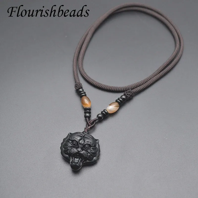 Natural Black Obsidian Stone Pendant Necklace Carved Wild Tiger Head Shape for Men Power Gemstone Gift