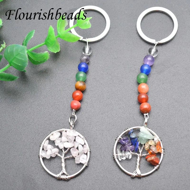 Key Ring Natural Crystal Gemstone Tree Life Pendant Mineral Jewelry Handmade Keychains Seven Chakras Bag Accessories