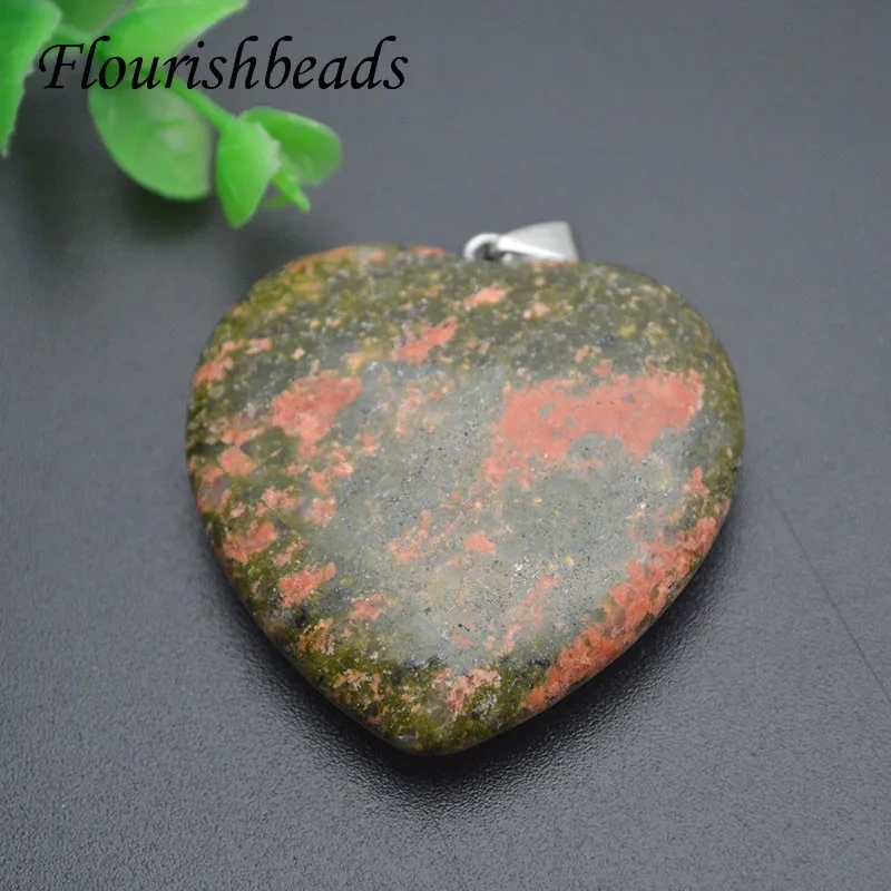 40x45mm Natural Stone Crystal Amethyst Green Aventurine Rose Quartz Tiger Eye Heart Shape Pendant DIY Necklace Accessories