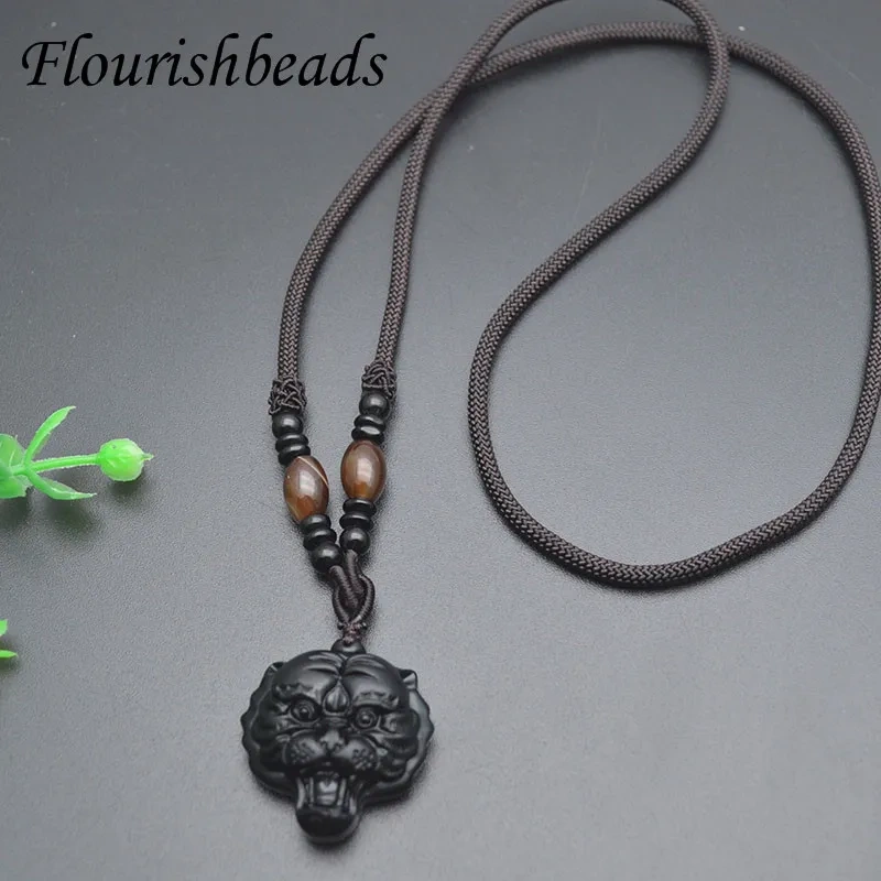 Natural Black Obsidian Stone Pendant Necklace Carved Wild Tiger Head Shape for Men Power Gemstone Gift