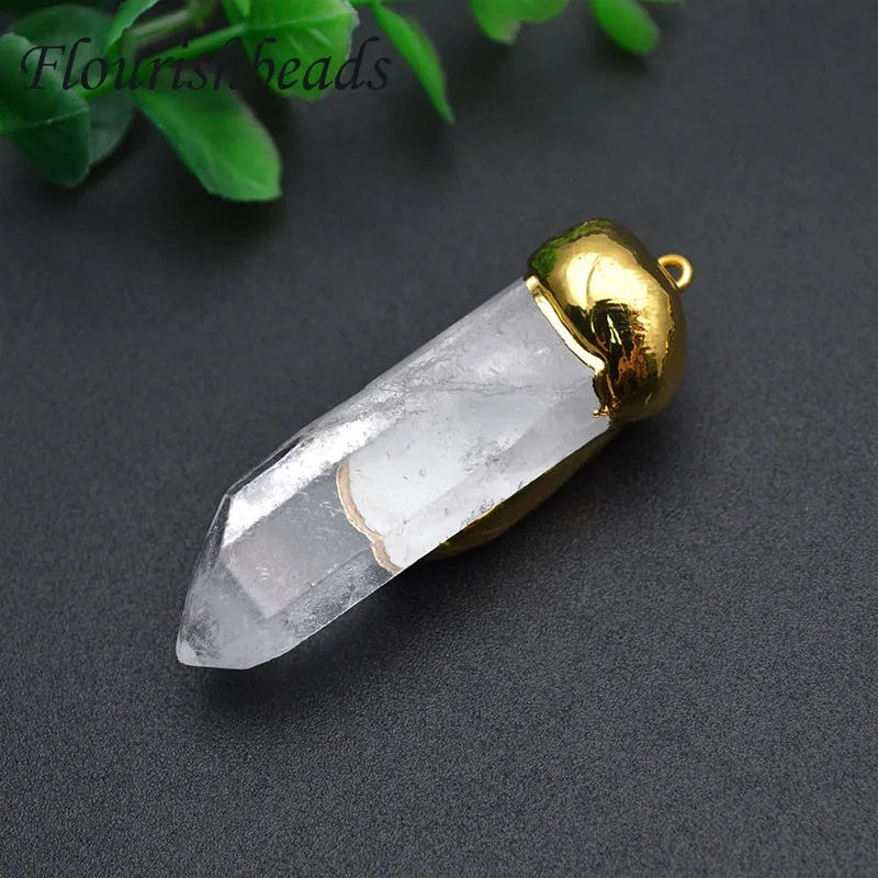 Gold Plating Anit-fade Natural Crystal Pillar White Stone Point Pendants