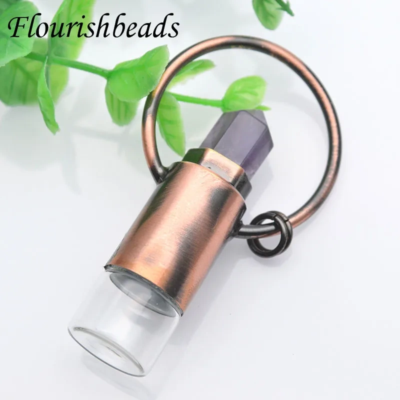 Natural Crystal Essential Oil Roller Vial Pendant Necklaces Antique Copper Perfume Bottle Charm Aromatherapy Jewelry