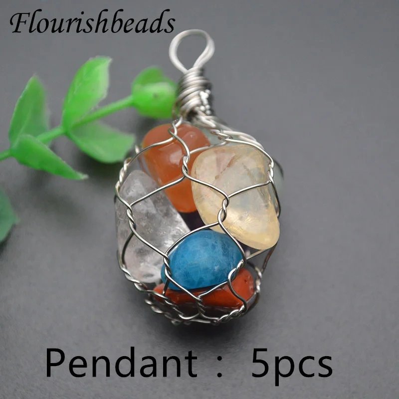 5pcs/lot  Natural Stone Crystal Amethyst Fluorite Polished Stone Nugget Rose Gold Wire Chakra Necklace Jewelry Choker Gifts