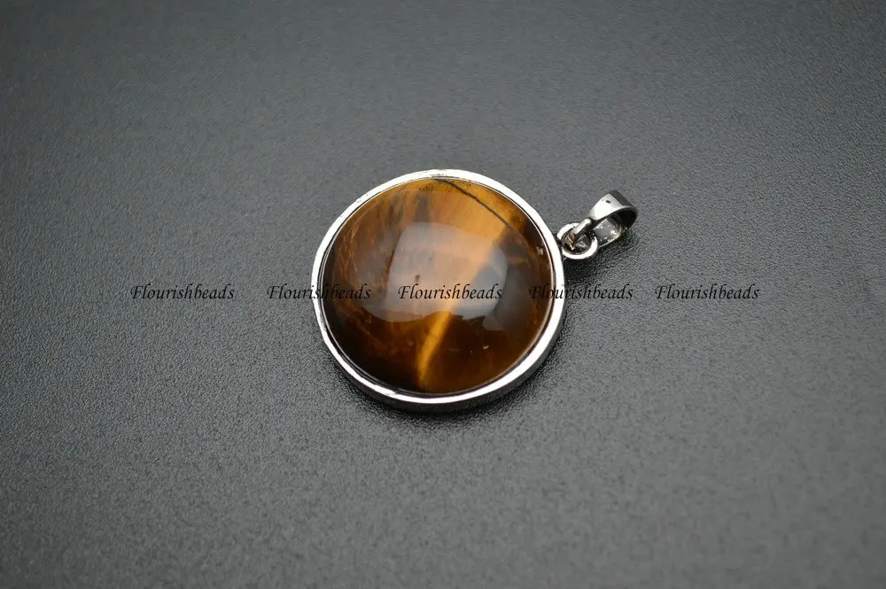 Natural Stone Round Cabochon Metal Life Tree Own Charm Pendant (Tiger eye / Lapis / Crystal / Rose Quartz / Green Aventurine)