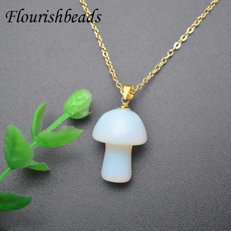 Low MOQ  Natural Gemstone Turquoise Quartz Crystal Amethyst Hand Carved Mushroom Pendant Link Necklace Yoga Amulet for Women Men