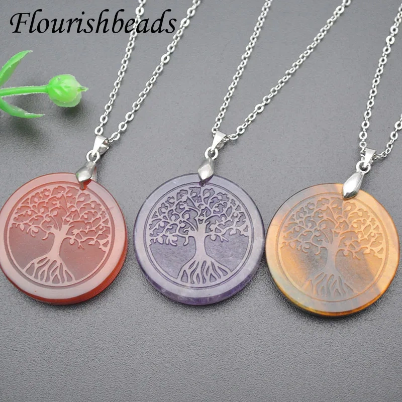 5pcs/lot Tree of Life Gemstone Amethyst Round Pendant Necklace Women Jewelry Luck Power Gift