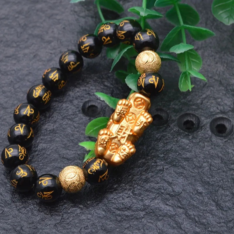 Wholesale 5pc Carved Gold Color Buddhist Words Natural Black Onyx Round Beads Metal Money Pixiu Charm Bracelet Man Jewelry