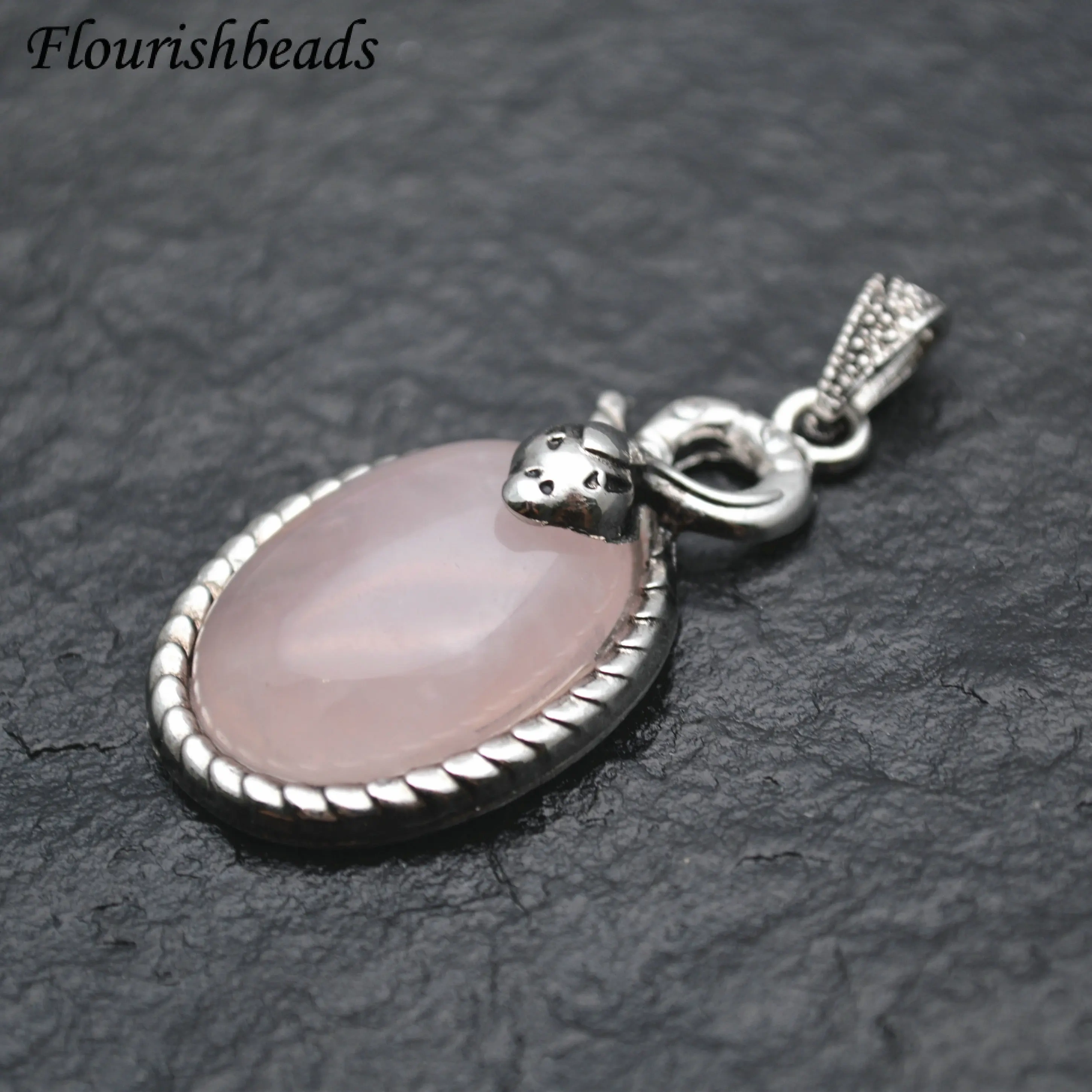 Snake Shape Metal Edge Natural Gemstone Oval Pendant Fit Necklace Jewelry DIY Stuff Tiger Eye / Pink Quartz / Amethyst / Crystal
