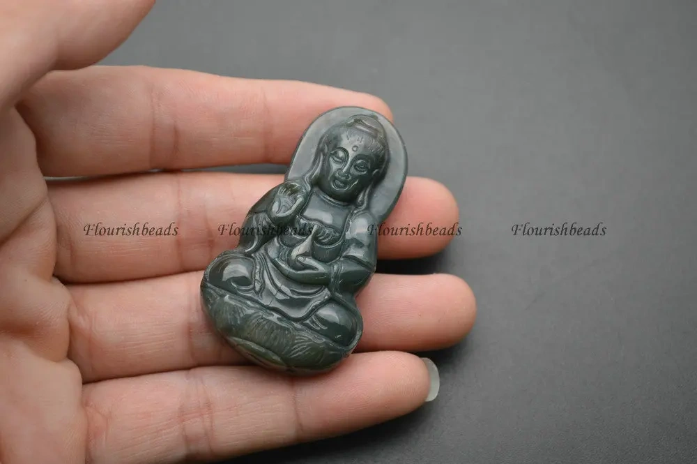 Natural Green India Agate Carved Guanyin Buddha Stone Pendant fit Buddhist Jewelry making