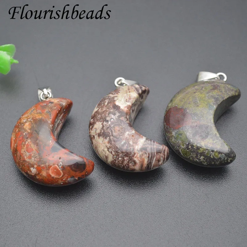 25x33mm Natural Dragon Blood Stone Moon Shape Charms Crystal Quartz Pendant DIY Fine Jewelry Making