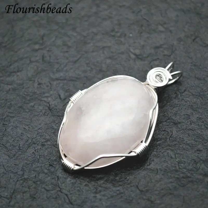 Handmade Winding Wire Natural Gemstone Oval Egg Shape Pendant Fit Necklace Jewelry DIY Stuff Tiger Eye / Pink Quartz / Agate