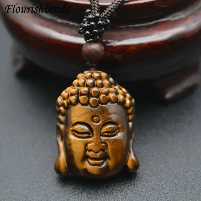 Natural Tiger Eye Gemstone Carved Buddha Head Shape Pendants Necklace Adjustable Cord Jewelry Party Gift Buddhist Accessories
