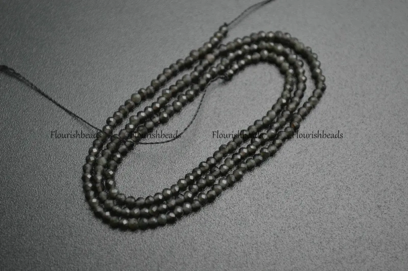 2mm ~ 2.5mm Diamond Cutting Faceted Natural Black Obsidian Stone Round Loose Beads