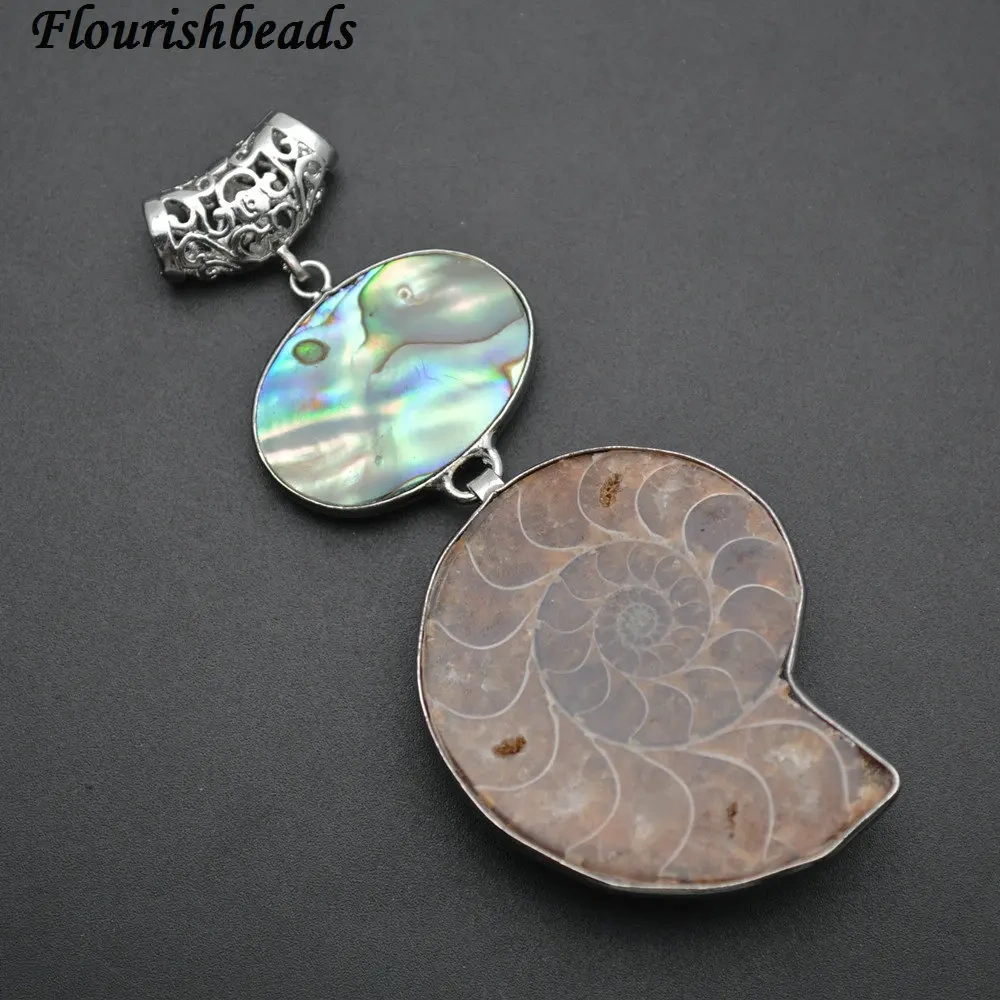 Natuarl Brown Ammonite Abalone Shell Double Layer Stone Necklace Pendant Big Size Jewelry Supplies