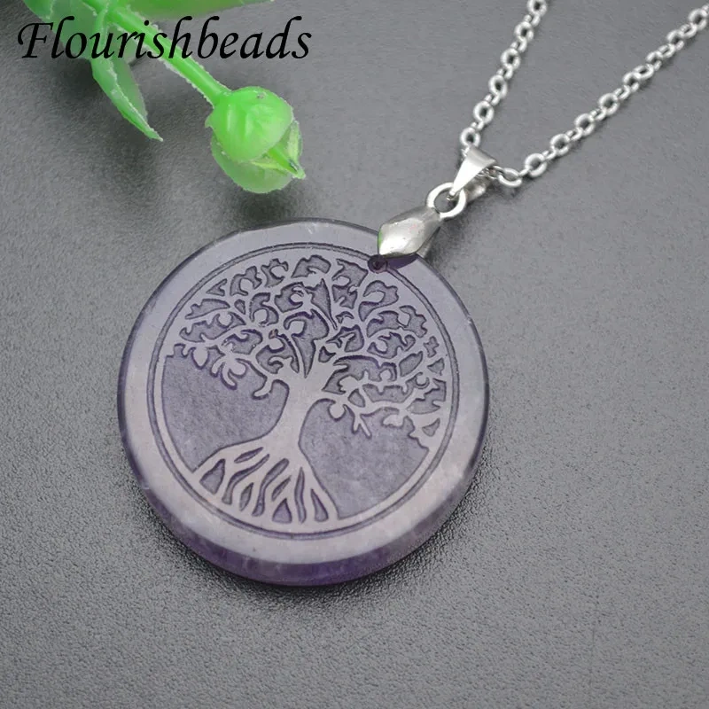 5pcs/lot Tree of Life Gemstone Amethyst Round Pendant Necklace Women Jewelry Luck Power Gift
