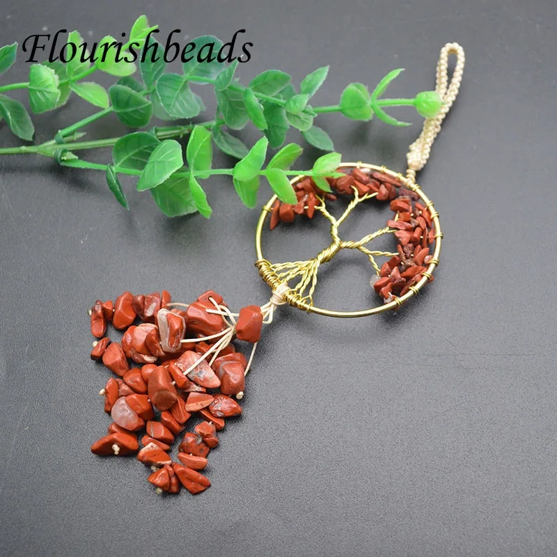 5pcs/lot Crystal GemStone Tree of Life Chakra Keychain Pendant Hanging Copper Wire Wrap Round Key Ring Holder