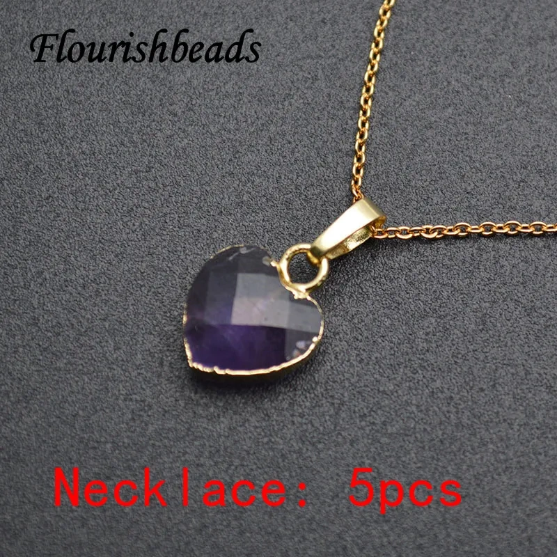 Cute Natural Gemstone Faceted Heart Shape Pendant Amazonite Labradorite Amethyst Healing Crystal Necklace Women Men Jewelry