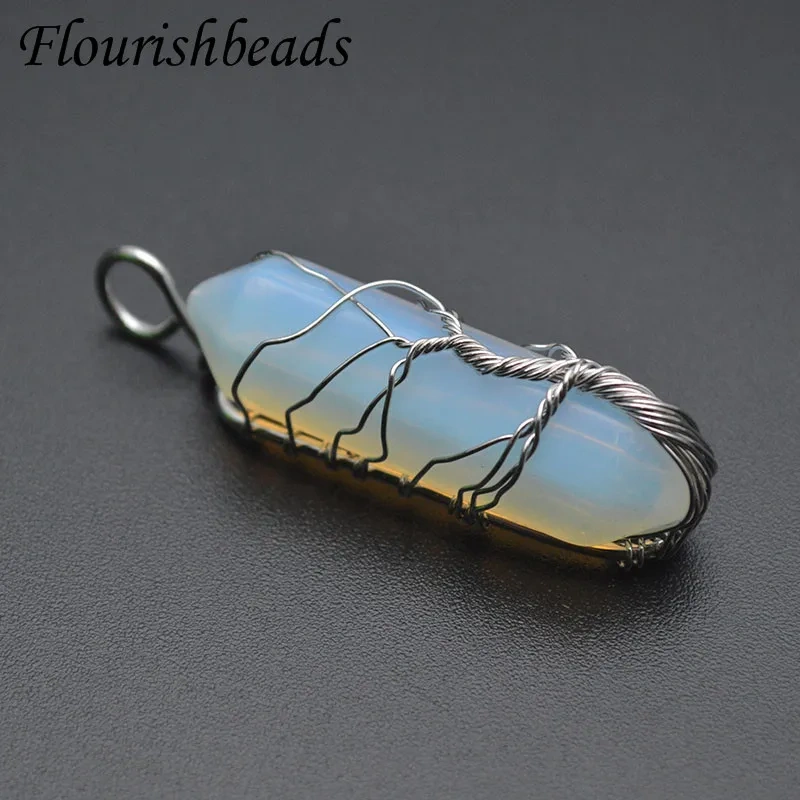 Fashion Trendy Natural Gemstome Tiger Eye Opal Rose Quartz Cylindrical Crystal Pendant Women's Jewelry Gift New