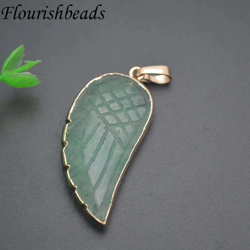 18x35mm Natural Stone Rose Quartz Opal Aventurine Fluorite Bead Carved Angel Wings Feather Pendant  for DIY Necklace