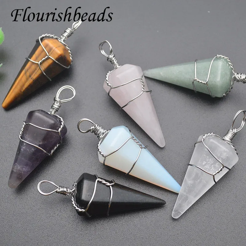 Wholesale 18x40mm Natural Stone Tourmaline  Amethyst Crystal Hexagonal Cone Metal Winding Luck Pendants for DIY Necklace