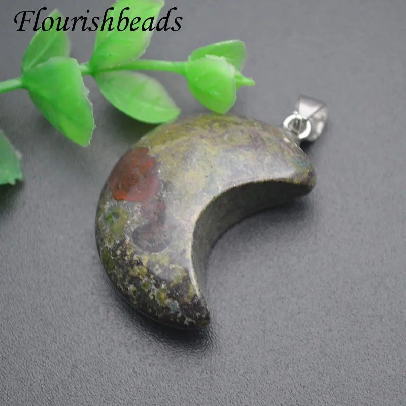 25x33mm Natural Dragon Blood Stone Moon Shape Charms Crystal Quartz Pendant DIY Fine Jewelry Making