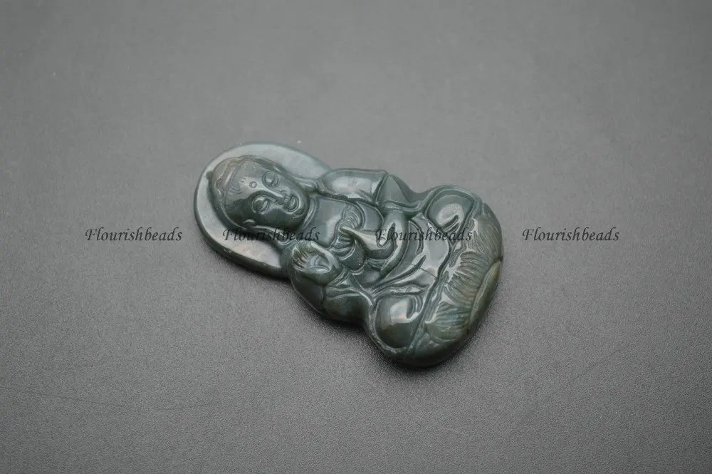 Natural Green India Agate Carved Guanyin Buddha Stone Pendant fit Buddhist Jewelry making