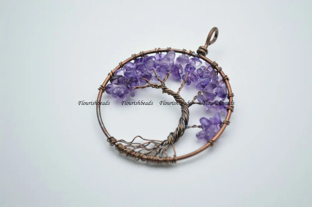 High quality Natural amethyst Stone Chips antique copper color wire wrapped Life Tree Metal Pendant