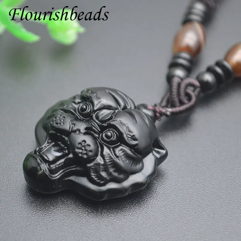 Natural Black Obsidian Stone Pendant Necklace Carved Wild Tiger Head Shape for Men Power Gemstone Gift