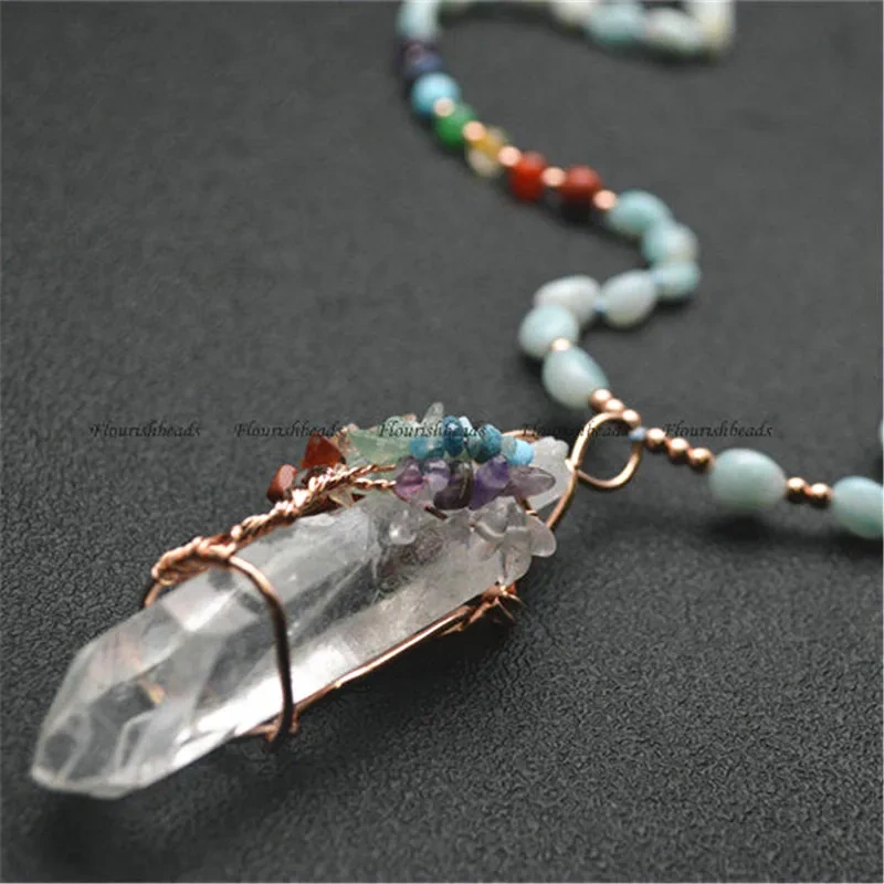 Handmade Crystal Healing Pendant Wire Wrapped Multi Stone Chips Chakra Life Tree Stone Mix Gemstone Chain Point Energy Jewelry