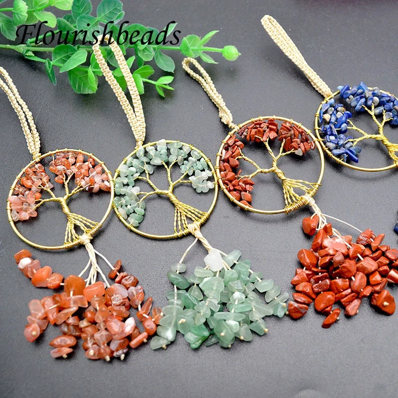 5pcs/lot Crystal GemStone Tree of Life Chakra Keychain Pendant Hanging Copper Wire Wrap Round Key Ring Holder
