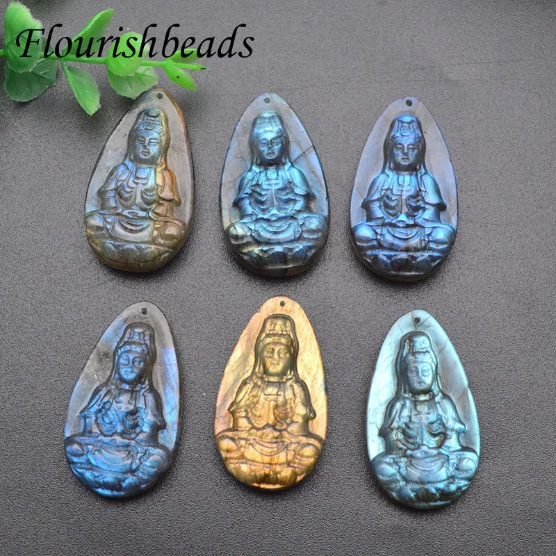 High Quality Natural Labradorite Guanyin Head Pendants Transhipped Buddha Head For necklace Jewelry Making