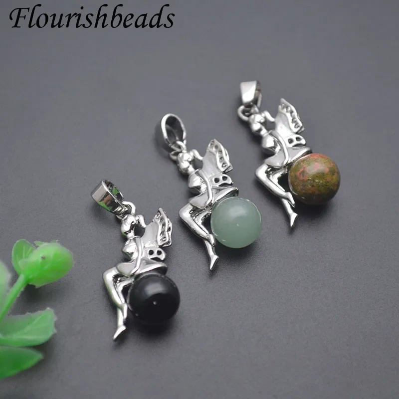 10pcs/lot Natural  Agate Green Aventurine Unakite Round Stone Genie Pendant Charm DIY Necklace Jewelry Making