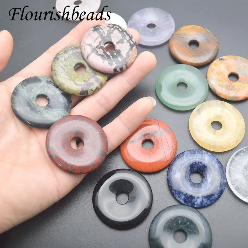 Big Size 40-50mm Natural Stone Round Crystal Agate Quartz Stone Exquisite Donut Pendant for Necklace  Jewelry Making