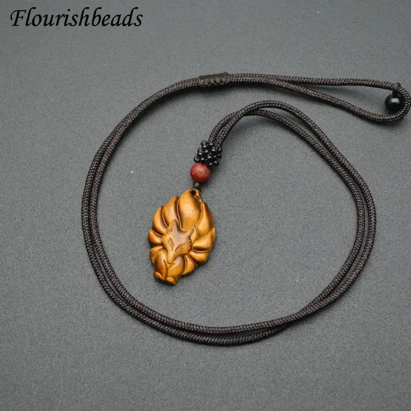 Popular Natural Tiger Eye Gemstone Nine-tailed Fox Shape Animal Pendants Necklace Unique Adjustable Cord Jewelry Party Gift