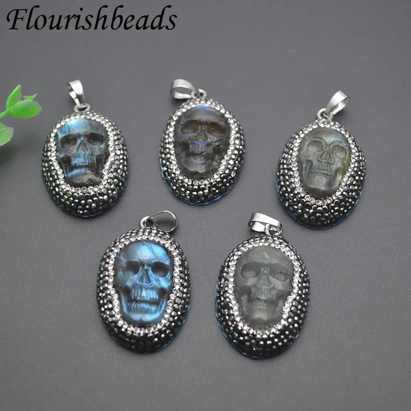 Natural Fluorite Carved Skull Head Paved Crystal Pendant Personalized Creative Jewelry Gift