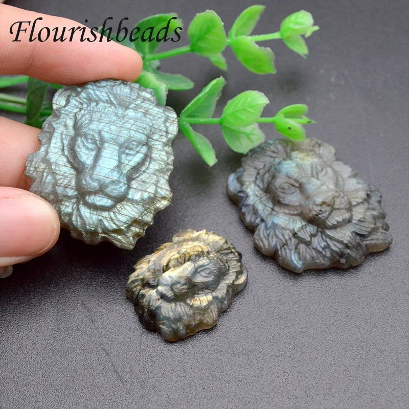 Natural Shiny Labradorite Stone Carved Lion Head Pendant Brave Lucky Reiki Amulet for DIY Necklace Jewelry Making